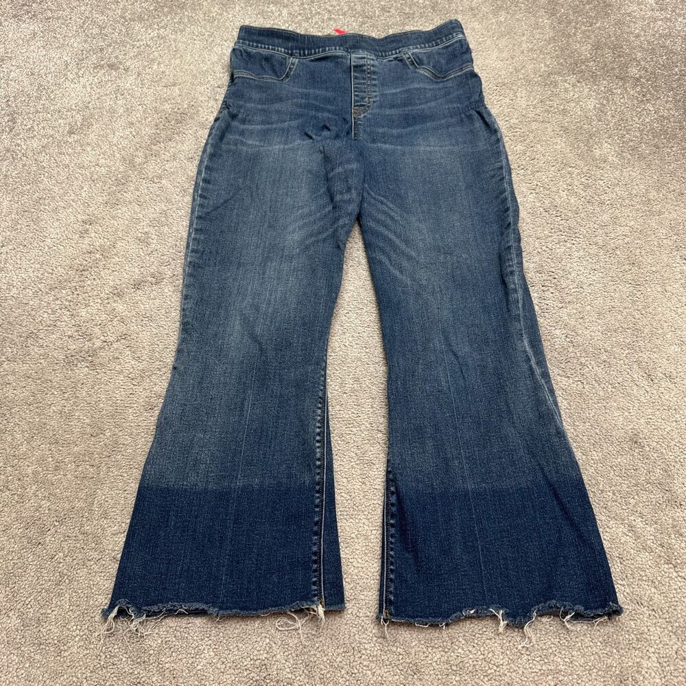 Spanx Flared Pull On Raw Hem Cropped Denim Jeans Womens Large Stretch Casual